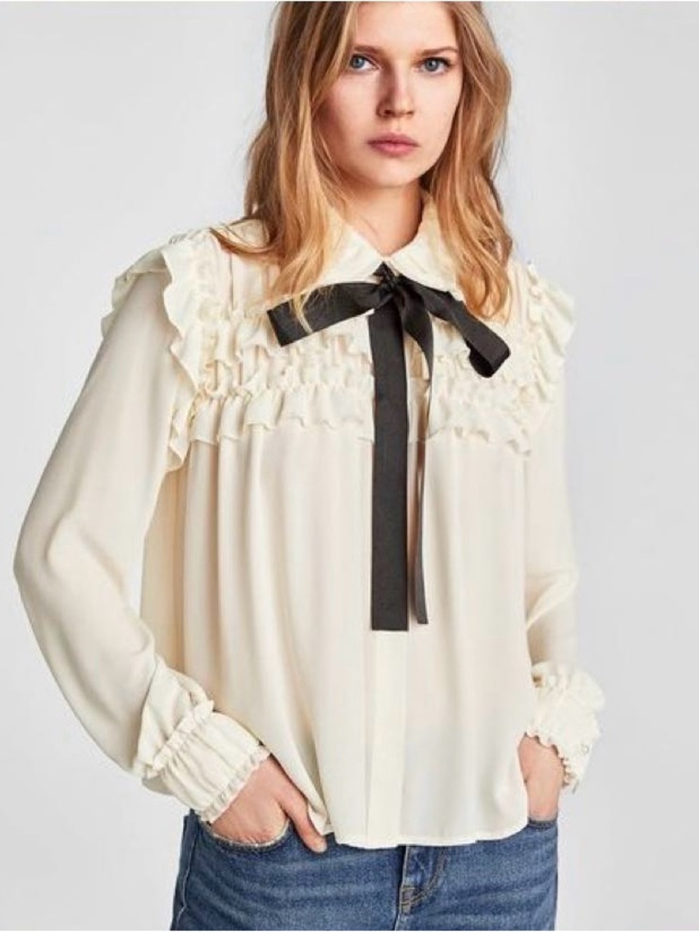 Zara Cream Blouse with Black Ribbon Bow